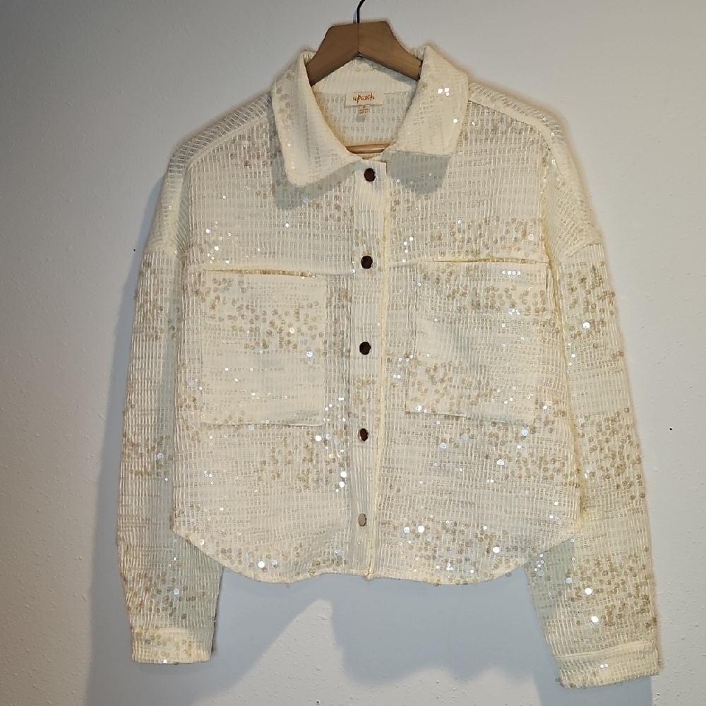 A.Peach Ivory Sequin Crop Jean Jacket Sz.S oversized Sparkle Will Fit Up To L
